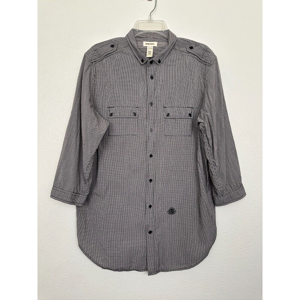 Diesel Checkered Plaid Roll Tab Button Down Shirt Black Cotton Logo Women's XL